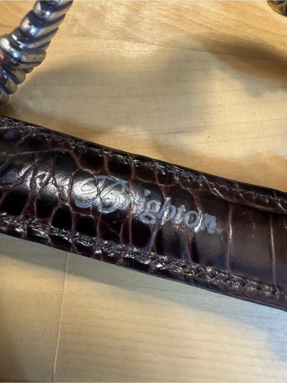 Brighton Dark Brown Croc-Embossed Leather Belt with Silver Chain Links 32”